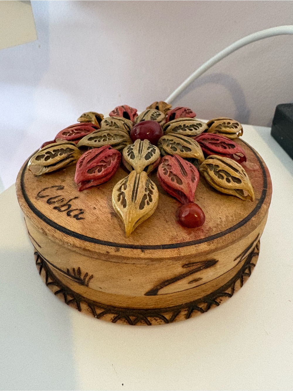 Handcrafted Wooden Decorative Trinket Box with Red and Gold Floral Inlay